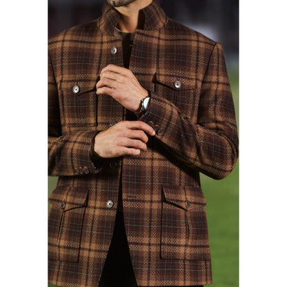 Philocaly Men Brown High Neck Checks Winter Jacket