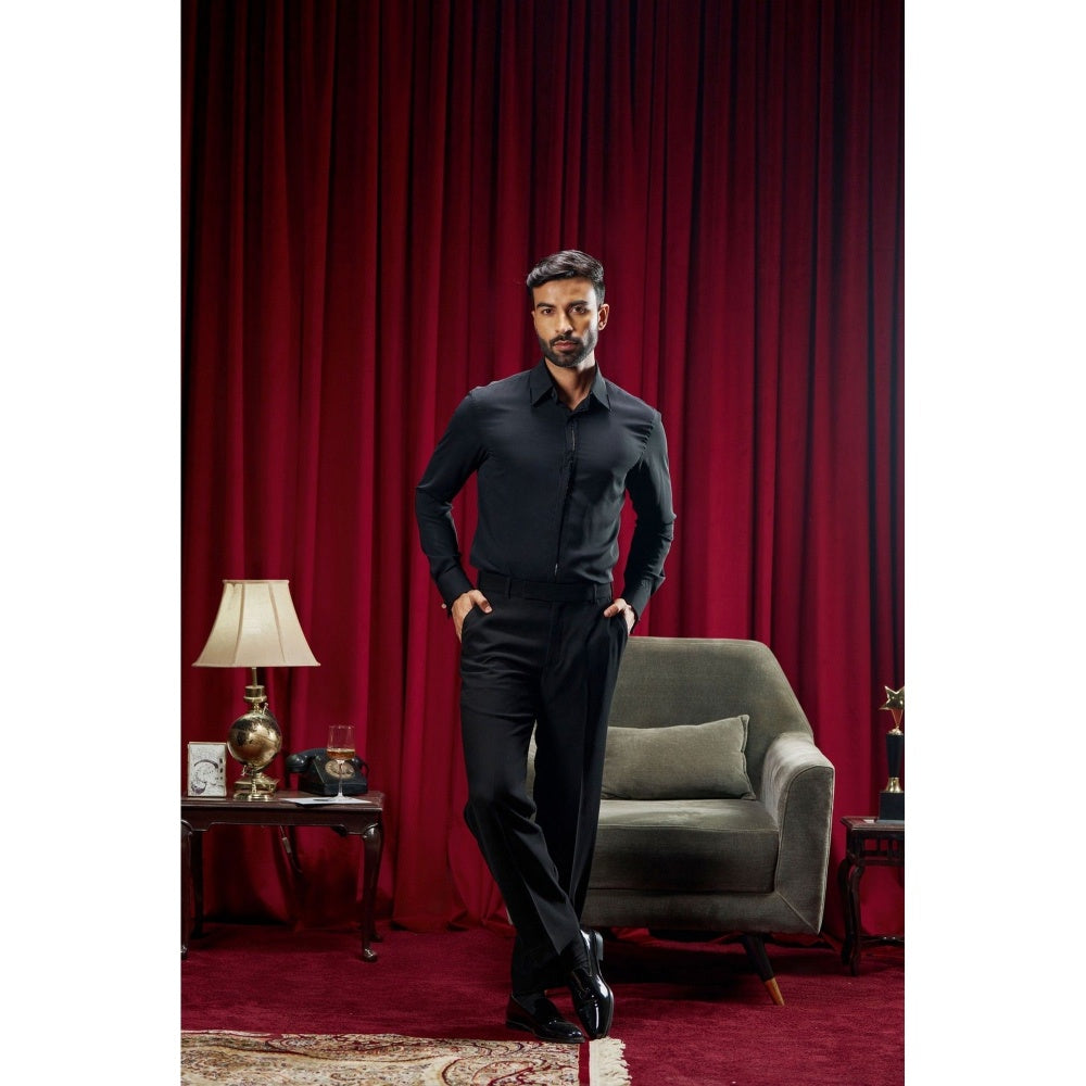 Philocaly Men's Meirelles Black Cotton Blend Regular Fit Shirt