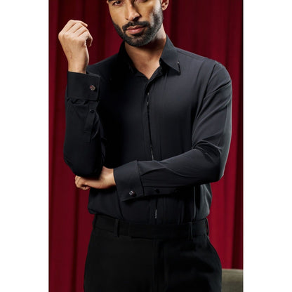 Philocaly Men's Meirelles Black Cotton Blend Regular Fit Shirt