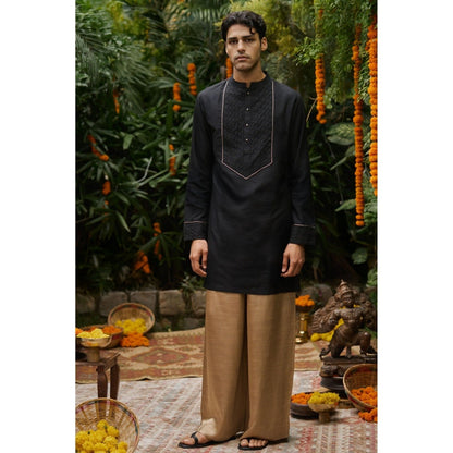 Philocaly Men Aurum Black Silk Blend Mandarin Neck Lace Work Kurta