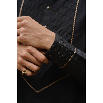 Philocaly Men Aurum Black Silk Blend Mandarin Neck Lace Work Kurta