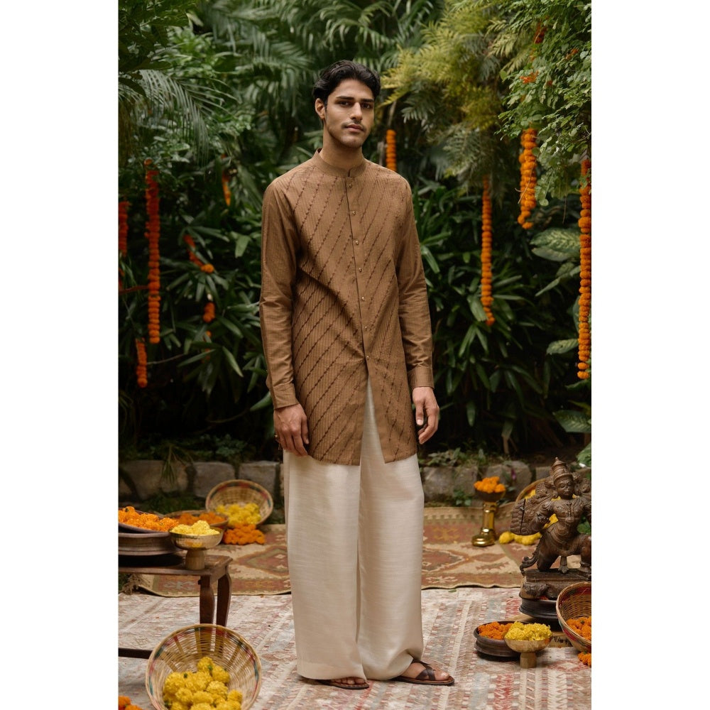 Philocaly Men Deep Brown Silk Blend Mandarin Neck Thread Work Kurta