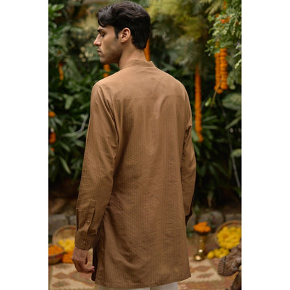 Philocaly Men Deep Brown Silk Blend Mandarin Neck Thread Work Kurta