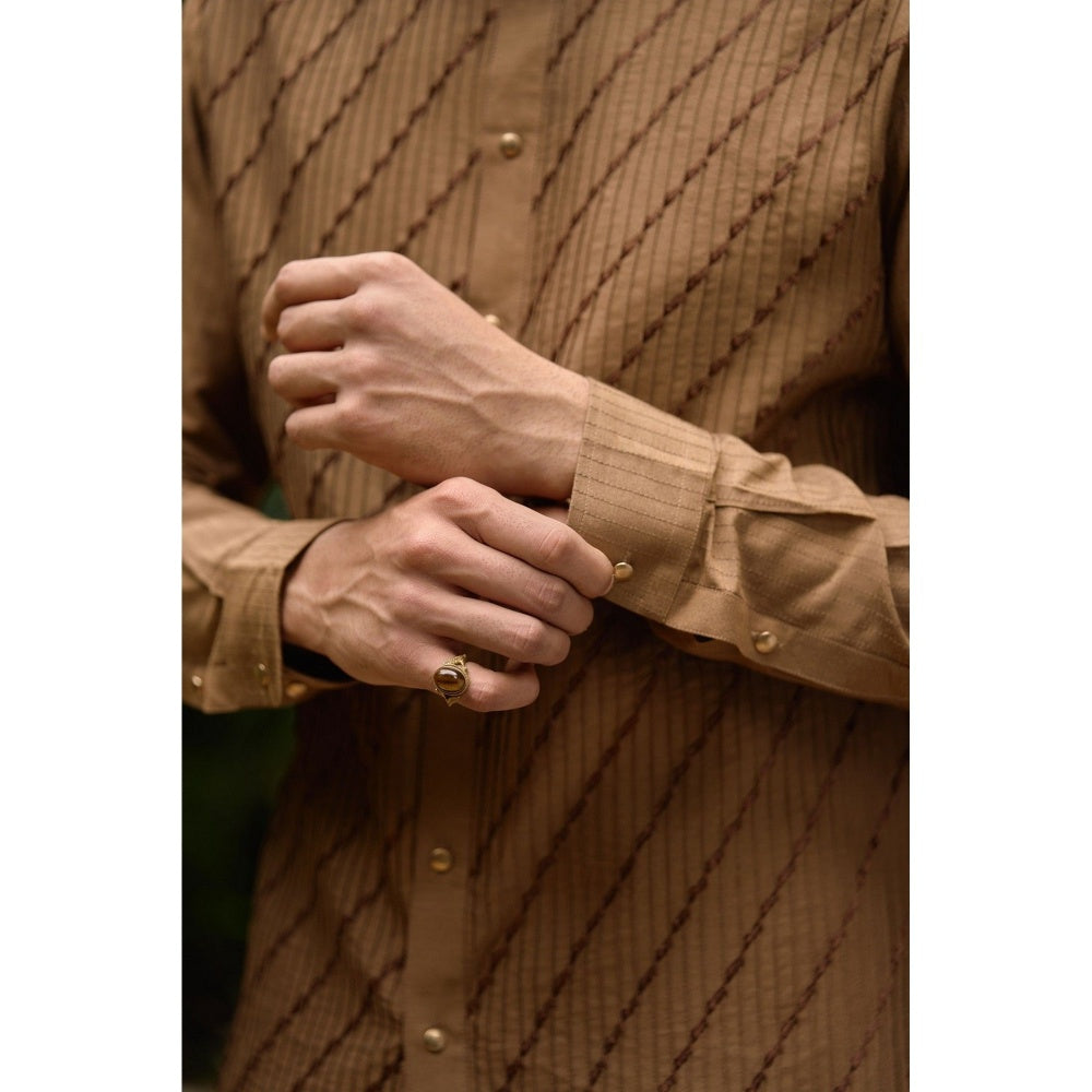 Philocaly Men Deep Brown Silk Blend Mandarin Neck Thread Work Kurta