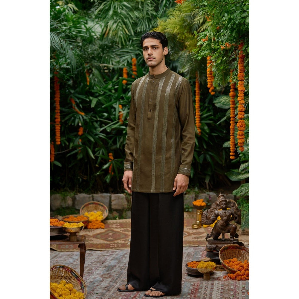 Philocaly Men Sitara Olive Silk Blend Mandarin Neck Embellished/Sequined Kurta