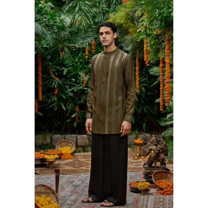 Philocaly Men Sitara Olive Silk Blend Mandarin Neck Embellished/Sequined Kurta