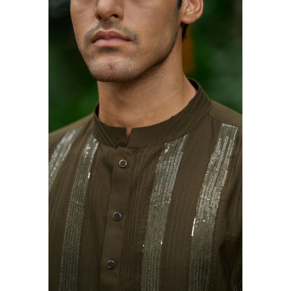 Philocaly Men Sitara Olive Silk Blend Mandarin Neck Embellished/Sequined Kurta