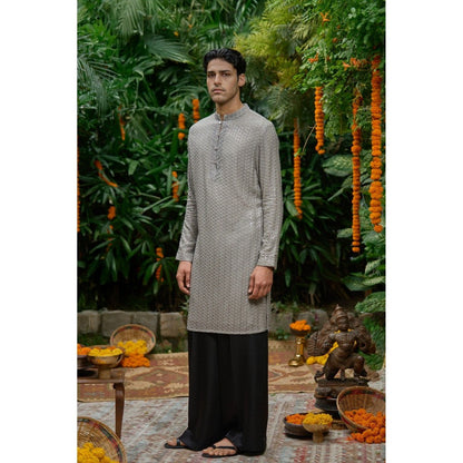 Philocaly Men Aabha Grey Georgette Silk Mandarin Neck Thread Work Kurta