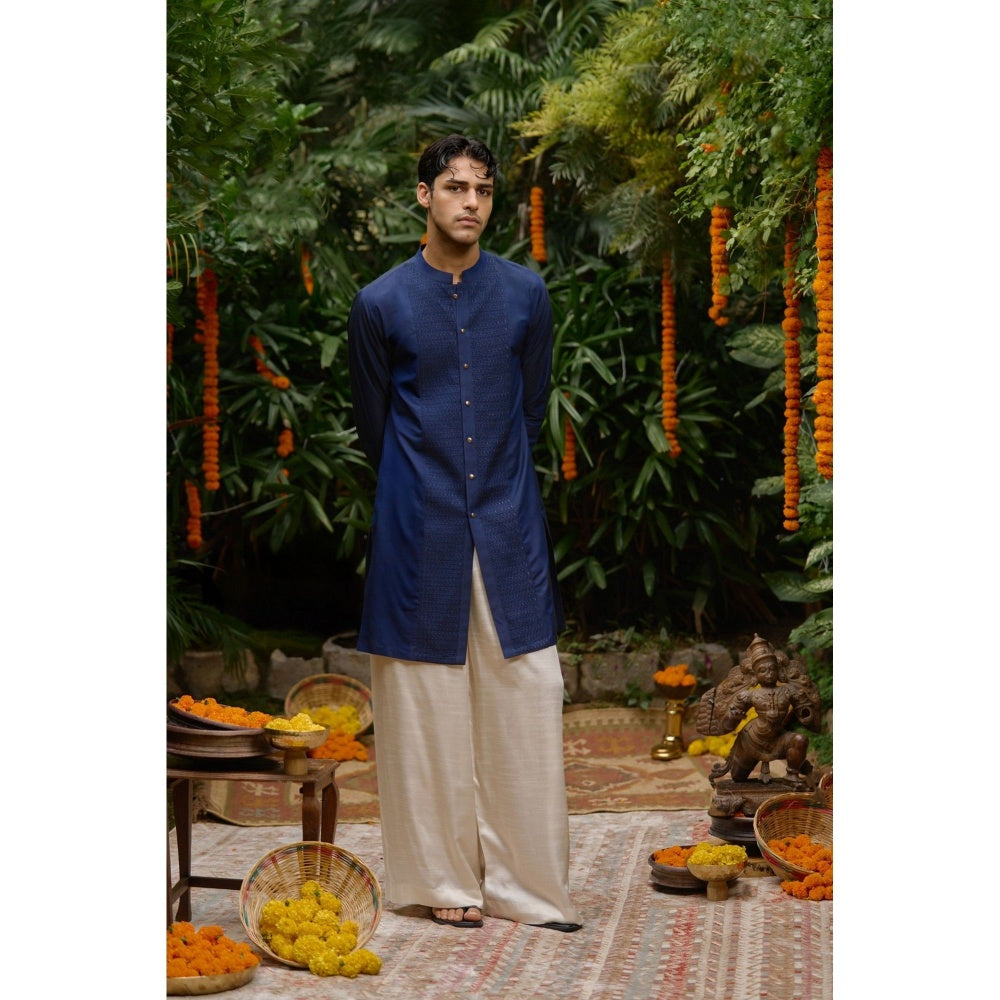 Philocaly Men Raunaq Blue Silk Blend Mandarin Neck Thread Work Kurta