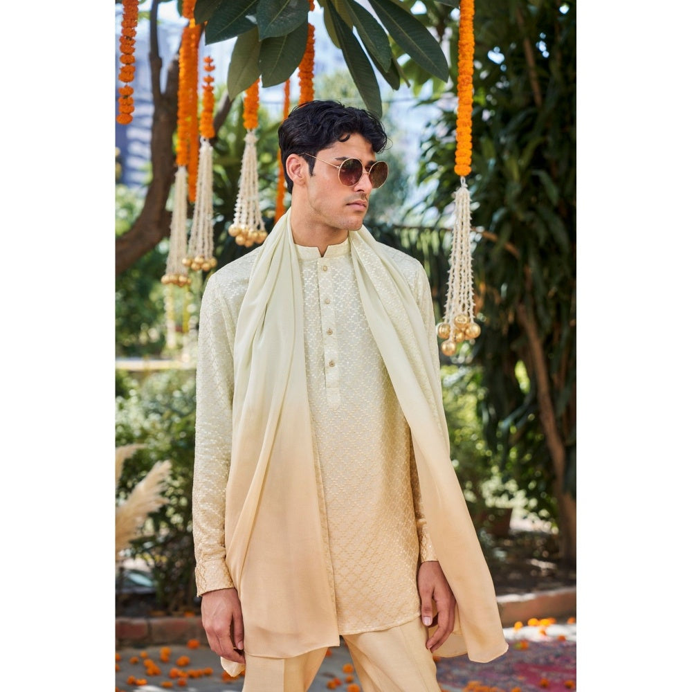 Philocaly Men Pratoy Off White Silk Blend Mandarin Neck Thread Work Kurta with Stole