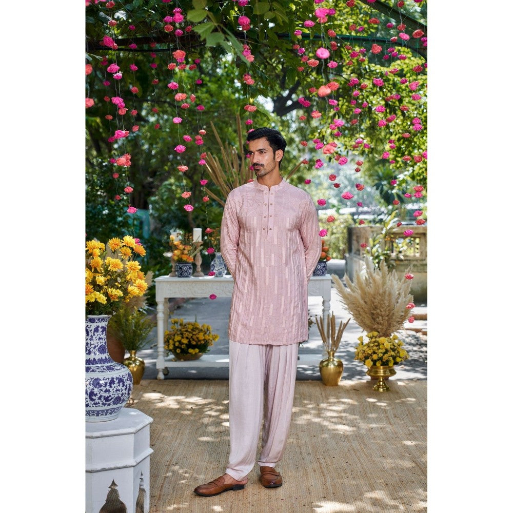 Philocaly Men Manzar Pink Silk Blend Mandarin Neck Embroidered Kurta