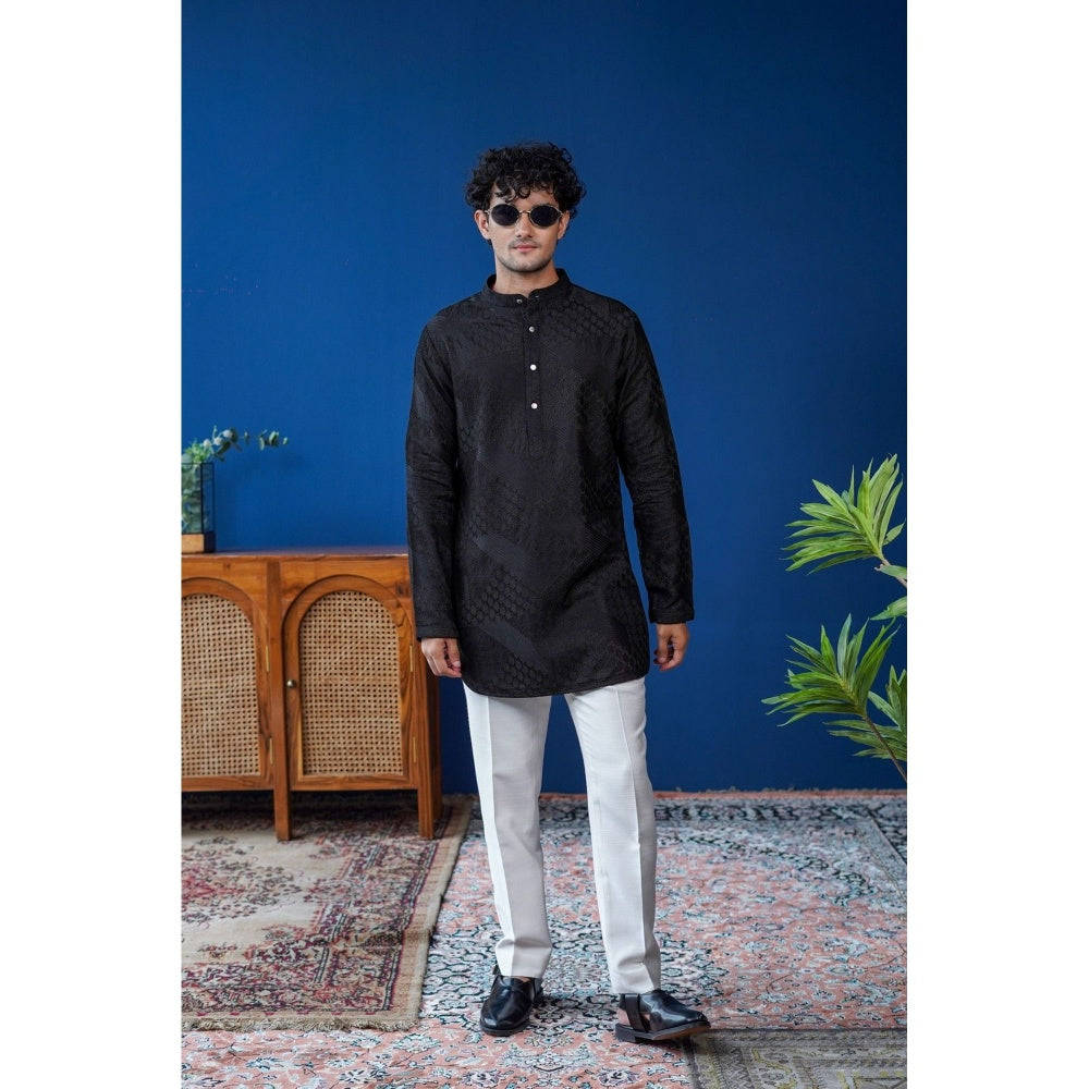 Philocaly Men Raakh Black Silk Blend Mandarin Neck Embroidered Kurta