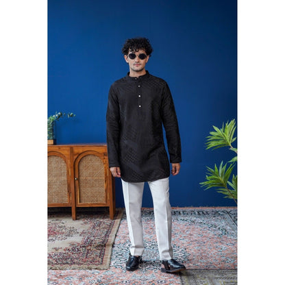Philocaly Men Raakh Black Silk Blend Mandarin Neck Embroidered Kurta
