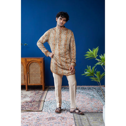 Philocaly Men Tevan Tan Blended Mandarin Neck Printed Kurta
