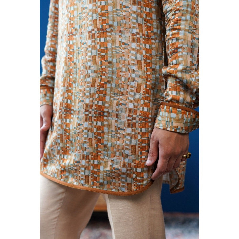 Philocaly Men Tevan Tan Blended Mandarin Neck Printed Kurta