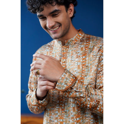 Philocaly Men Tevan Tan Blended Mandarin Neck Printed Kurta