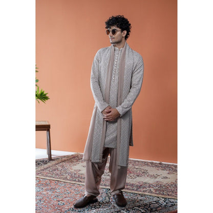 Philocaly Men Ashveer Grey Georgette Mandarin Neck Embellished/Sequined Kurta
