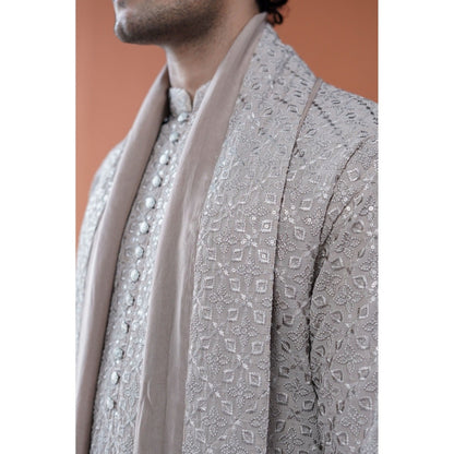 Philocaly Men Ashveer Grey Georgette Mandarin Neck Embellished/Sequined Kurta