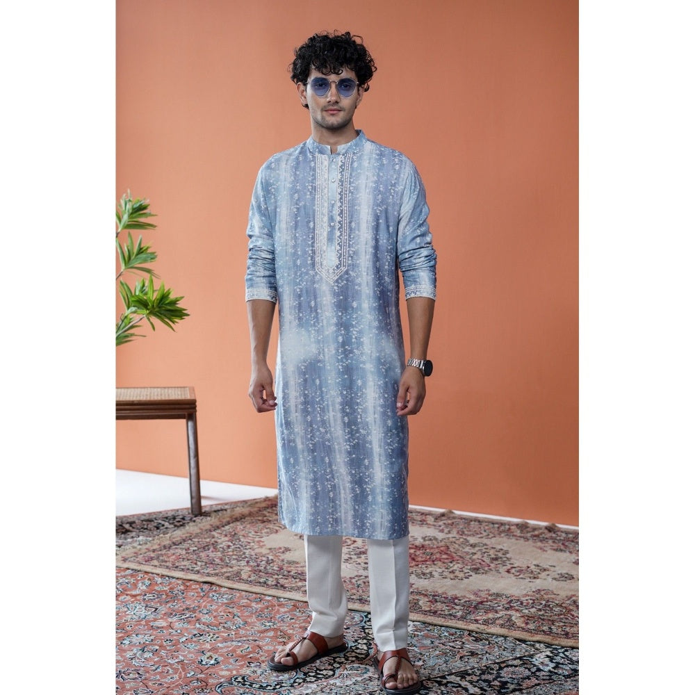 Philocaly Men Jalsa Blue Cotton Blend Mandarin Neck Thread Work Kurta