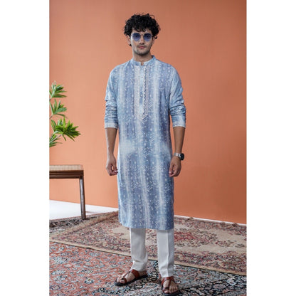 Philocaly Men Jalsa Blue Cotton Blend Mandarin Neck Thread Work Kurta