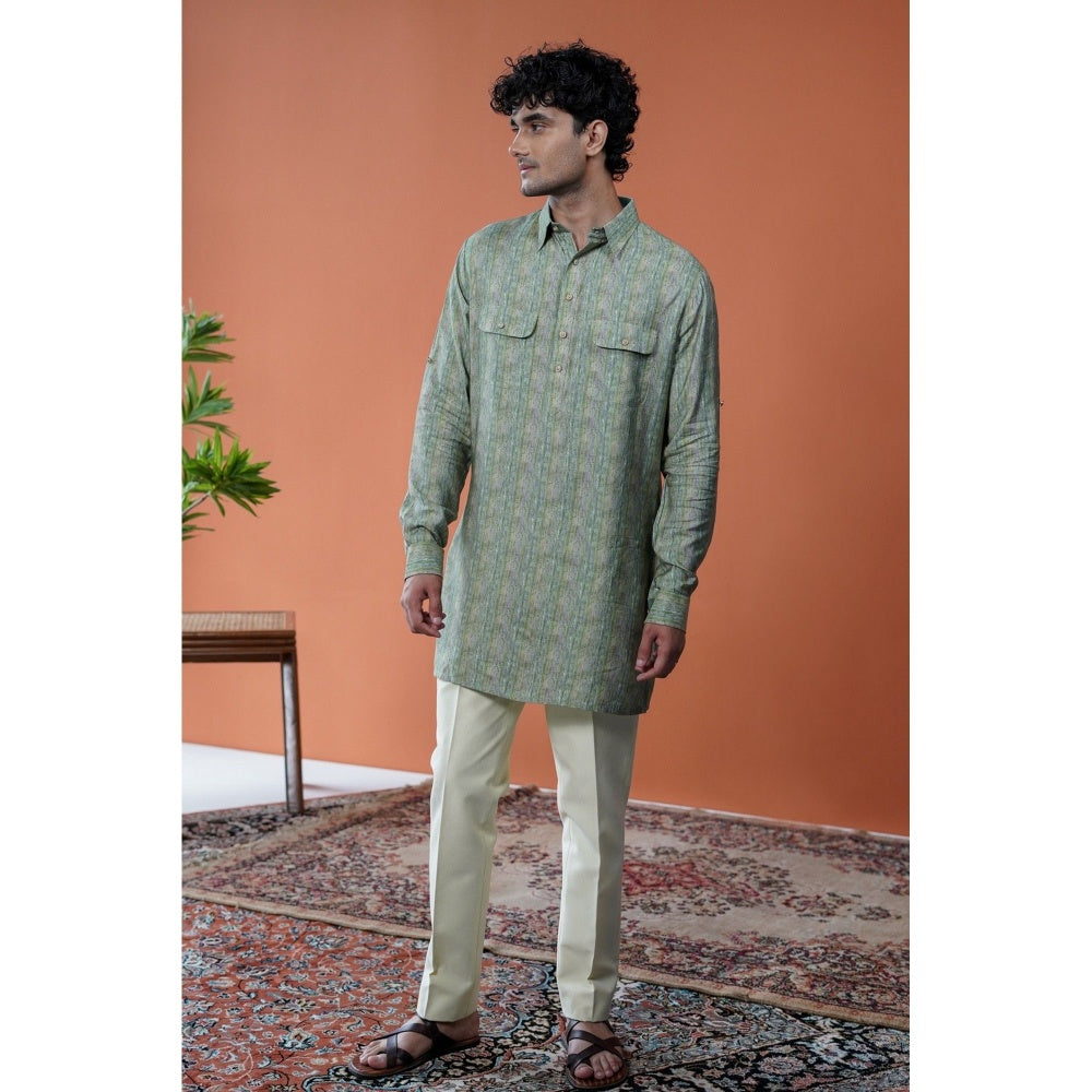 Philocaly Men Aarivan Green Cotton Blend Collar Neck Printed Kurta