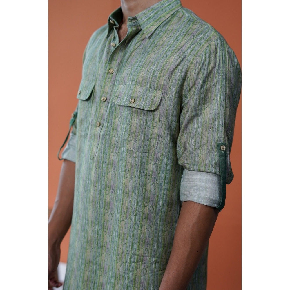 Philocaly Men Aarivan Green Cotton Blend Collar Neck Printed Kurta