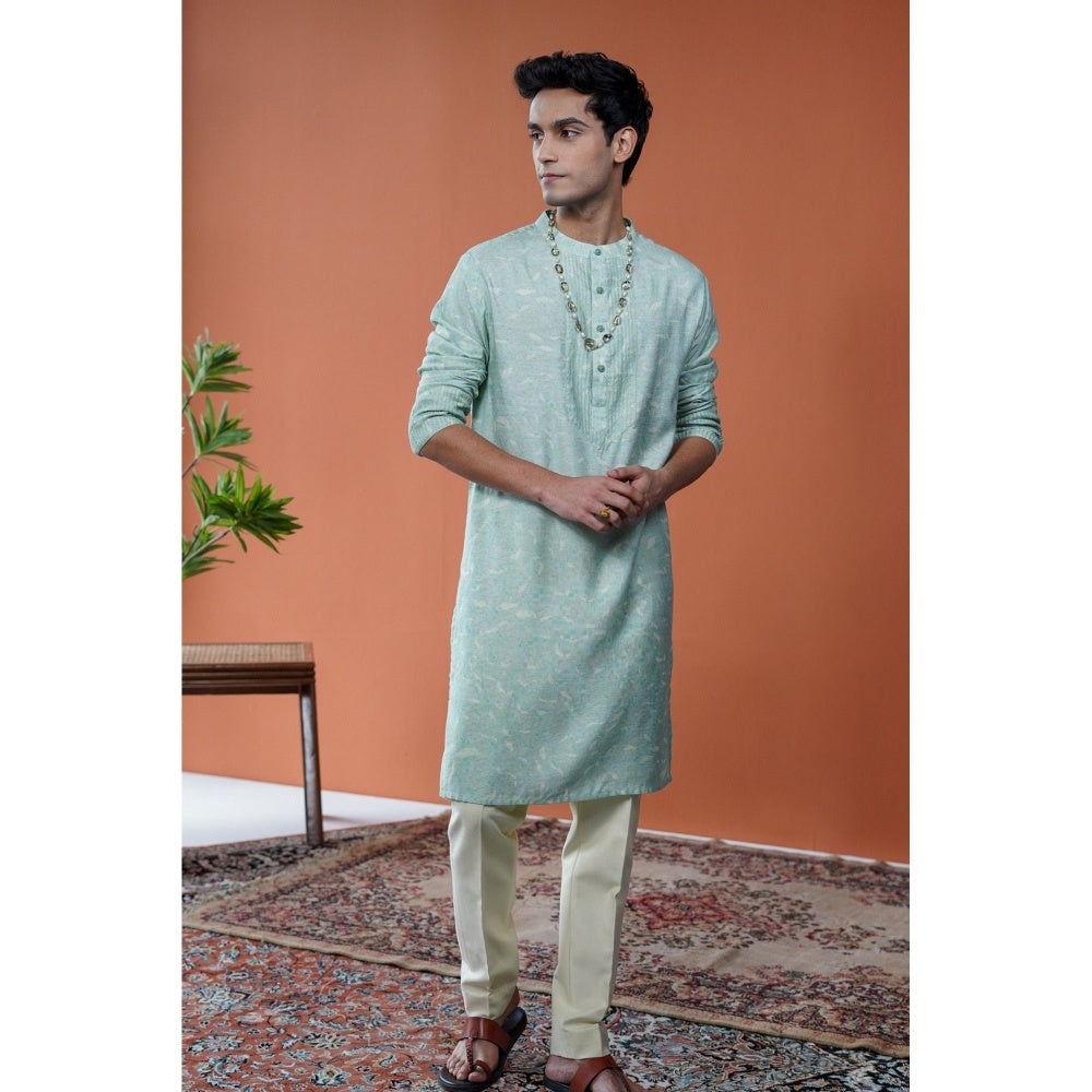 Philocaly Men Terrain Green Cotton Blend Mandarin Neck Printed Kurta