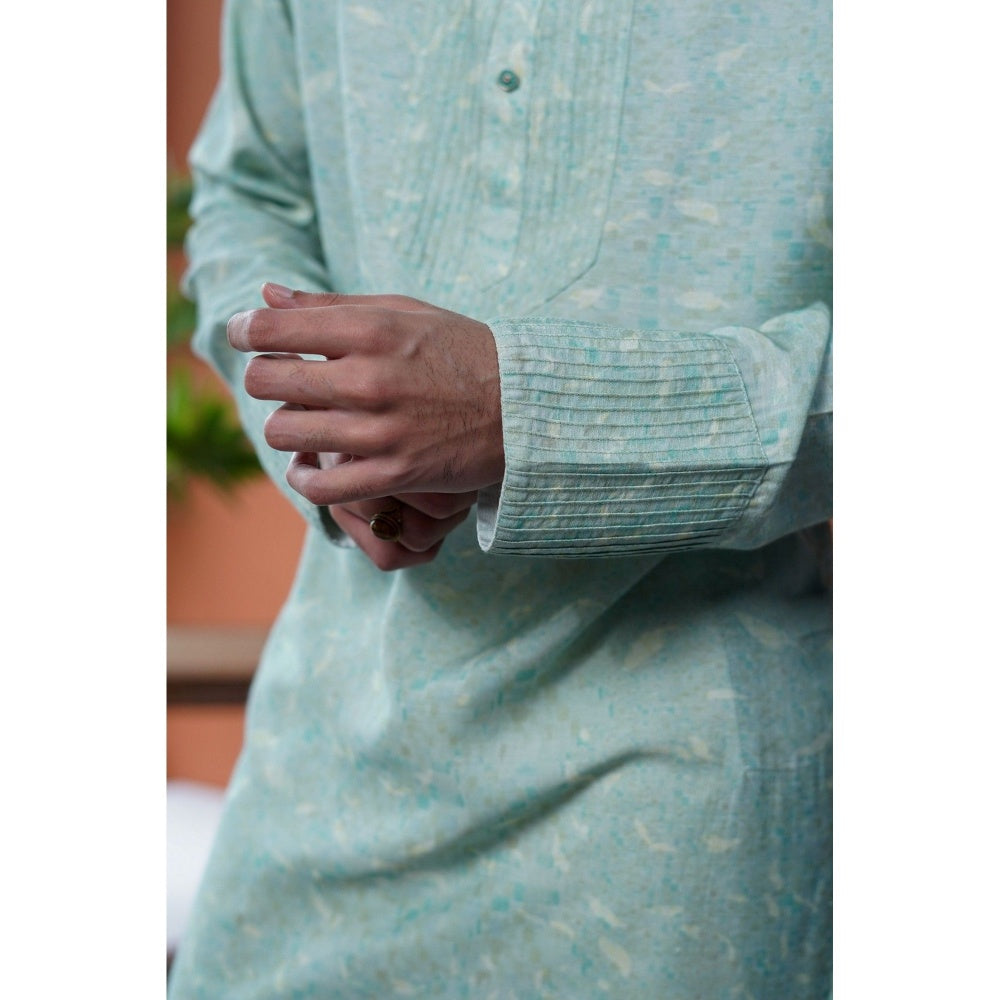 Philocaly Men Terrain Green Cotton Blend Mandarin Neck Printed Kurta