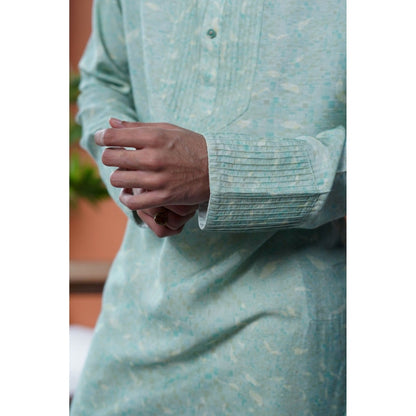 Philocaly Men Terrain Green Cotton Blend Mandarin Neck Printed Kurta