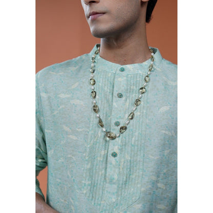 Philocaly Men Terrain Green Cotton Blend Mandarin Neck Printed Kurta