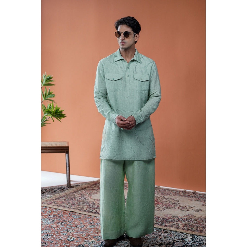 Philocaly Men Samudra Green Linen Collar Neck Thread Work Kurta