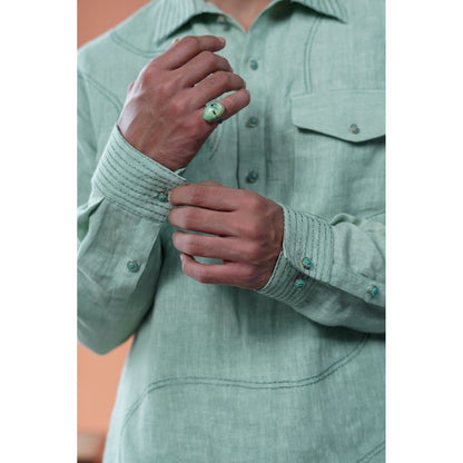 Philocaly Men Samudra Green Linen Collar Neck Thread Work Kurta