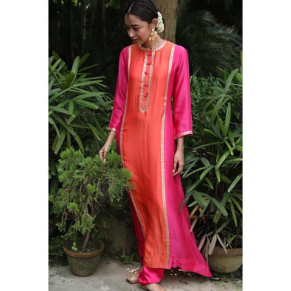 PINK CITY BY SARIKA Pink Kurta with Pant Orange Panel Detailing (Set of 2)