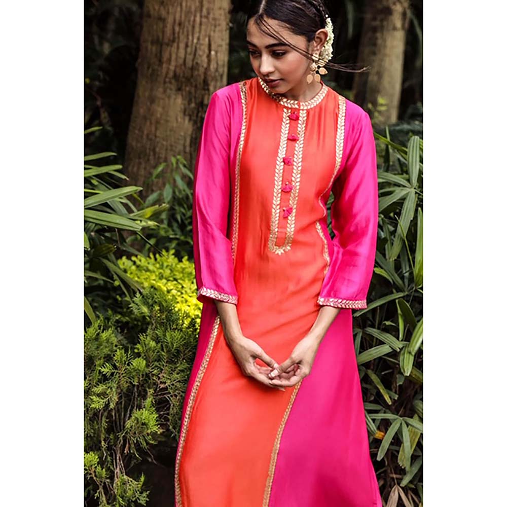 PINK CITY BY SARIKA Pink Kurta with Pant Orange Panel Detailing (Set of 2)