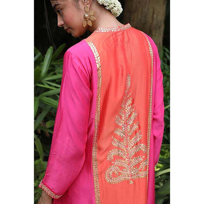 PINK CITY BY SARIKA Pink Kurta with Pant Orange Panel Detailing (Set of 2)