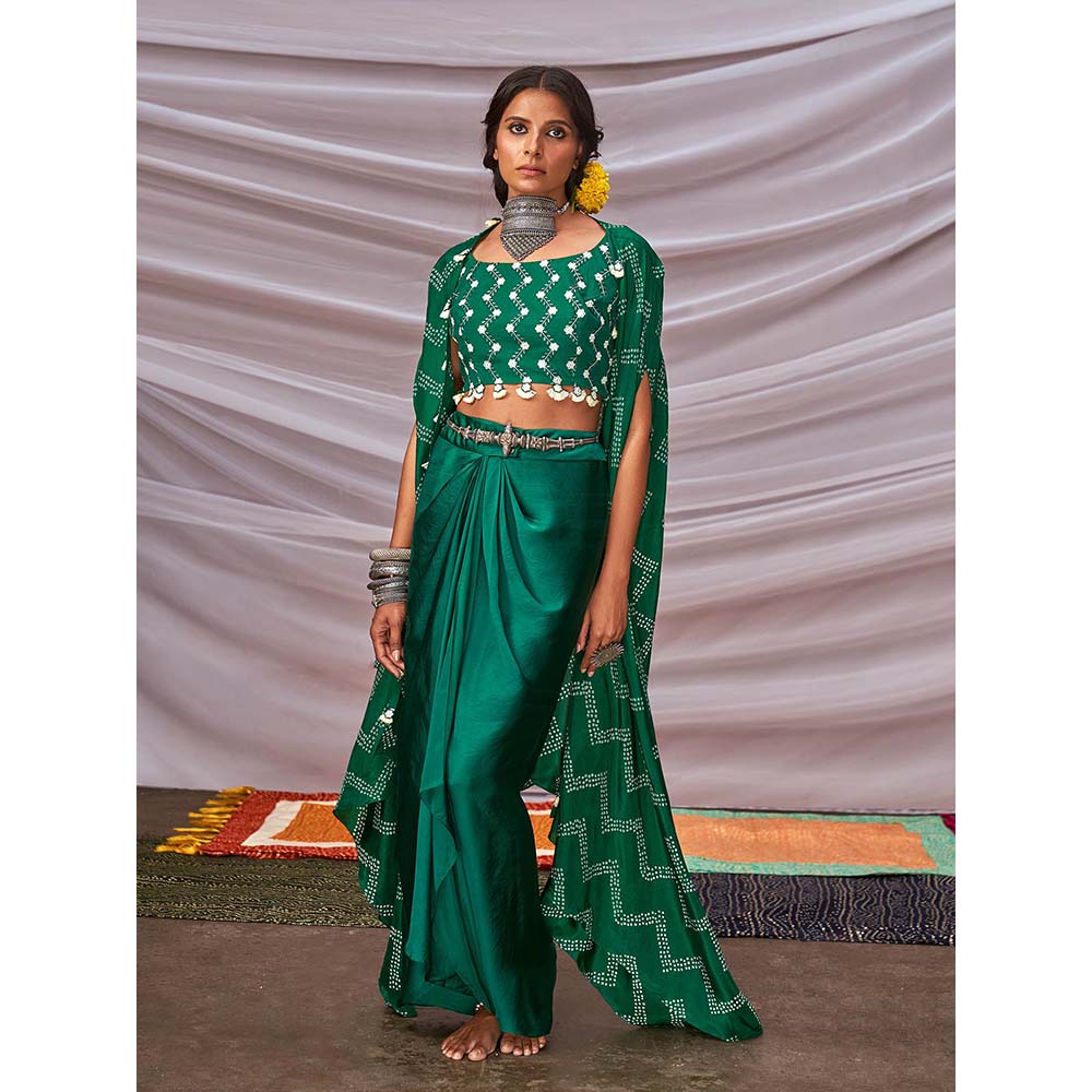 PINK CITY BY SARIKA Zig-Zag Bandhani Cape with Skirt (Set of 3)