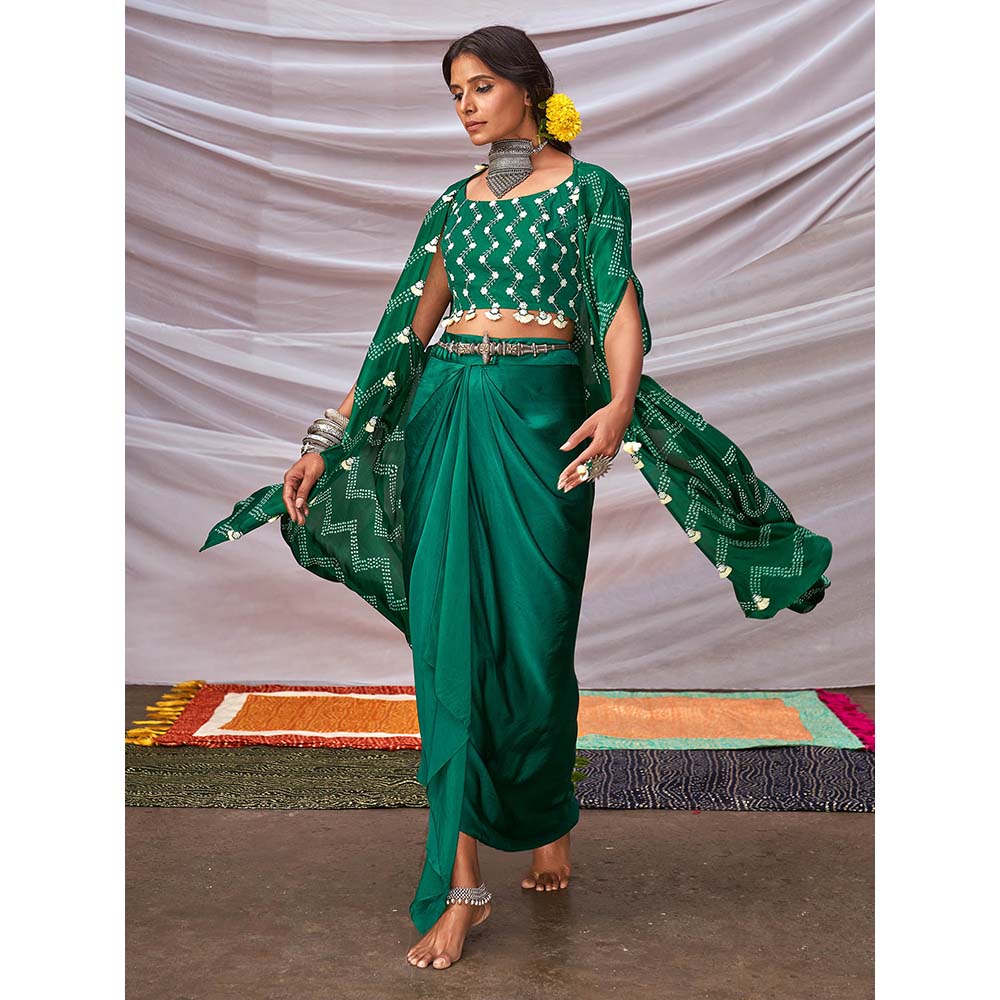 PINK CITY BY SARIKA Zig-Zag Bandhani Cape with Skirt (Set of 3)