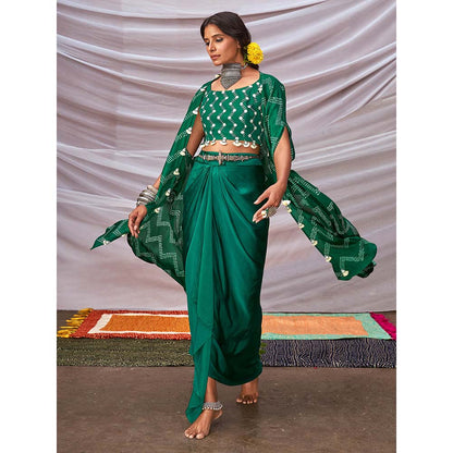 PINK CITY BY SARIKA Zig-Zag Bandhani Cape with Skirt (Set of 3)