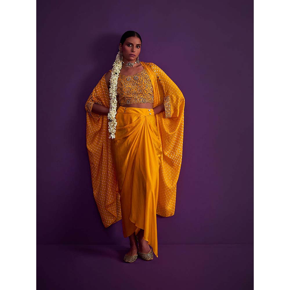 PINK CITY BY SARIKA Bandhani Cape with Heavily Embroidered Crop Top (Set of 3)