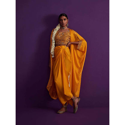 PINK CITY BY SARIKA Bandhani Cape with Heavily Embroidered Crop Top (Set of 3)