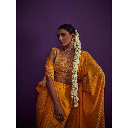 PINK CITY BY SARIKA Bandhani Cape with Heavily Embroidered Crop Top (Set of 3)