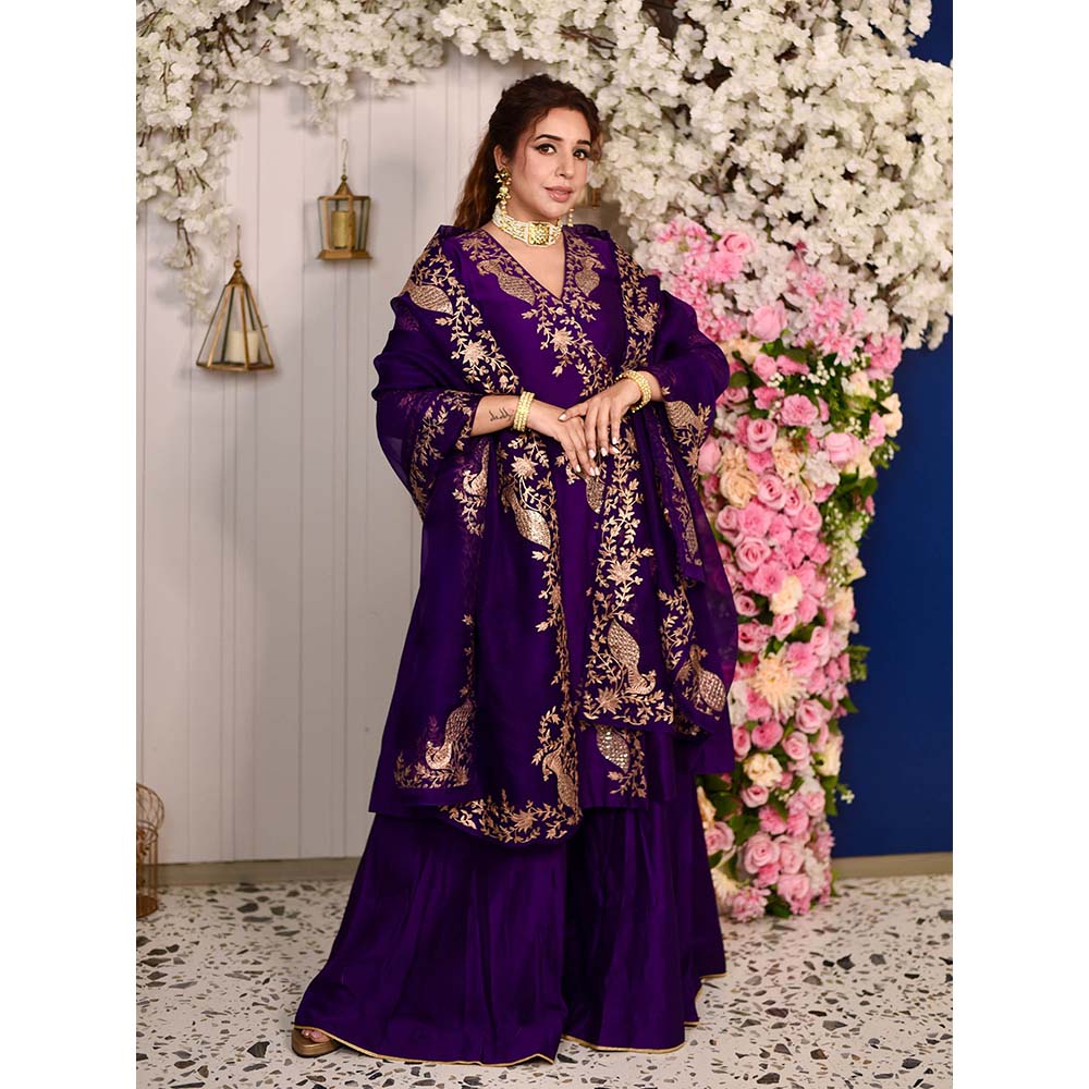 PINK CITY BY SARIKA Mor Angarkha Kurta with Sharara and Dupatta (Set of 3)