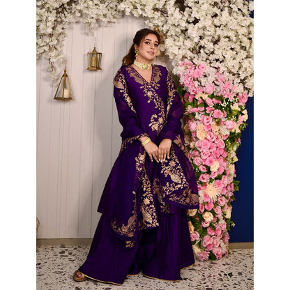 PINK CITY BY SARIKA Mor Angarkha Kurta with Sharara and Dupatta (Set of 3)