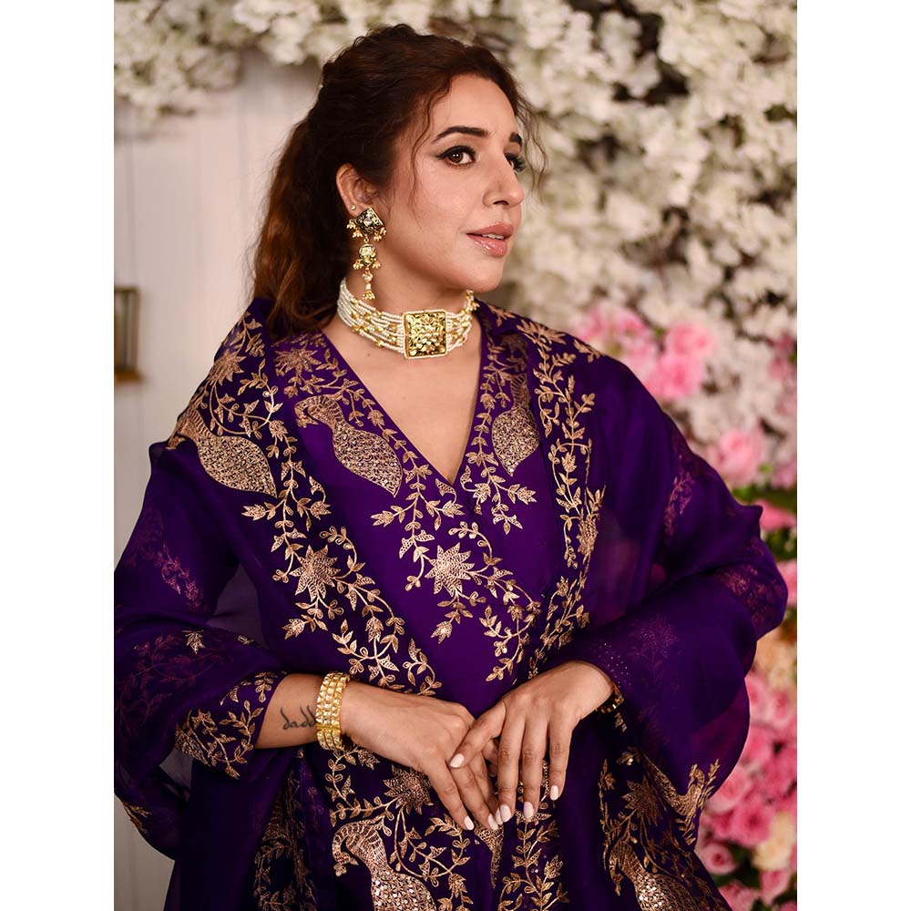 PINK CITY BY SARIKA Mor Angarkha Kurta with Sharara and Dupatta (Set of 3)