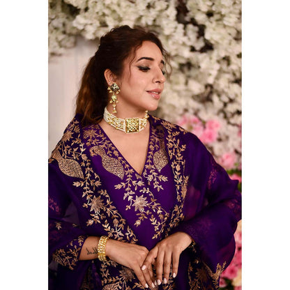 PINK CITY BY SARIKA Mor Angarkha Kurta with Sharara and Dupatta (Set of 3)