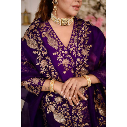 PINK CITY BY SARIKA Mor Angarkha Kurta with Sharara and Dupatta (Set of 3)