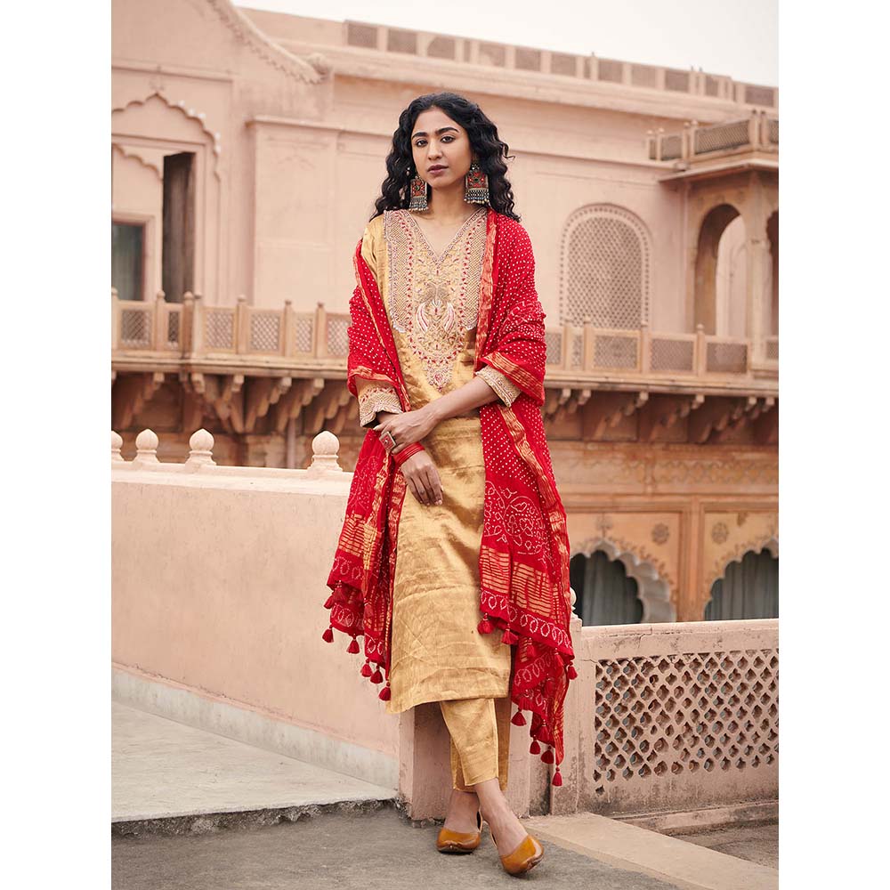 PINK CITY BY SARIKA Tissue Kurta with Pant and Bandhni Dupatta (Set of 3)