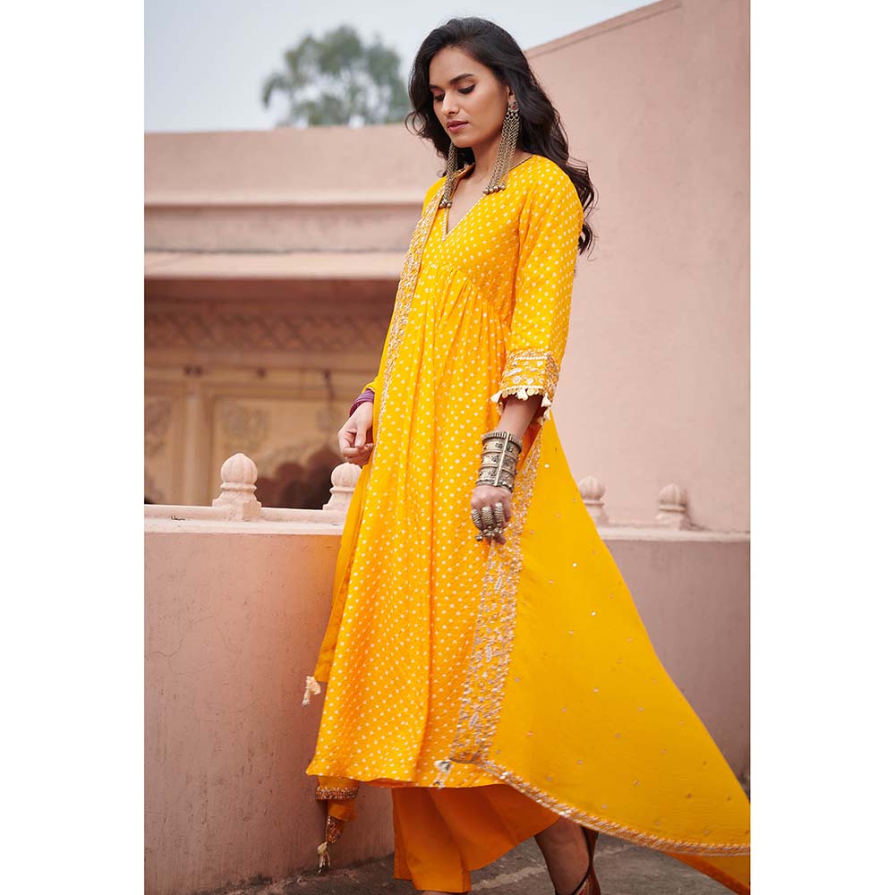 PINK CITY BY SARIKA Bandhni Cross Yoke Kurta with Pant and Dupatta (Set of 3)