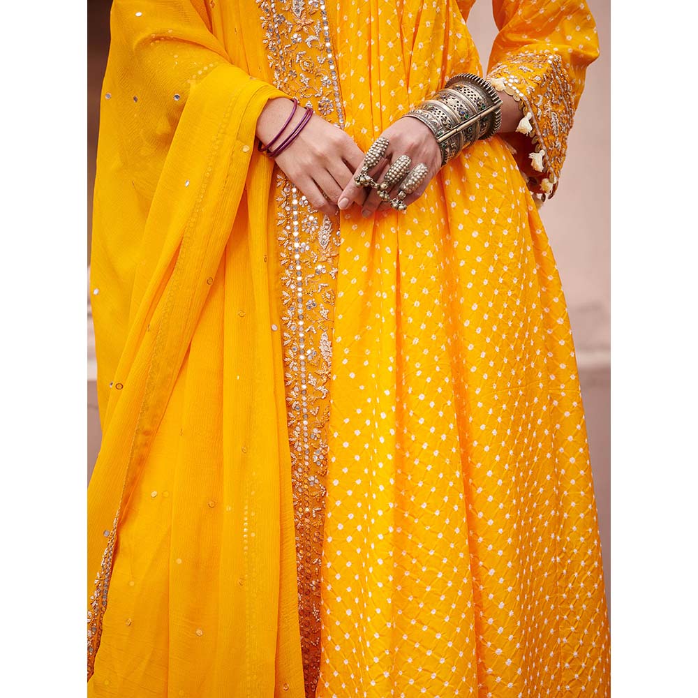 PINK CITY BY SARIKA Bandhni Cross Yoke Kurta with Pant and Dupatta (Set of 3)