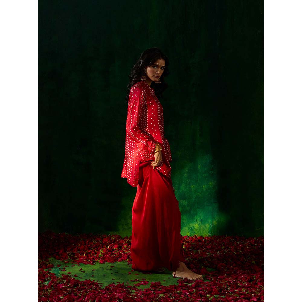 PINK CITY BY SARIKA Asymmetrical Bandhani Kurti with Drape Trouser. (Set of 3)